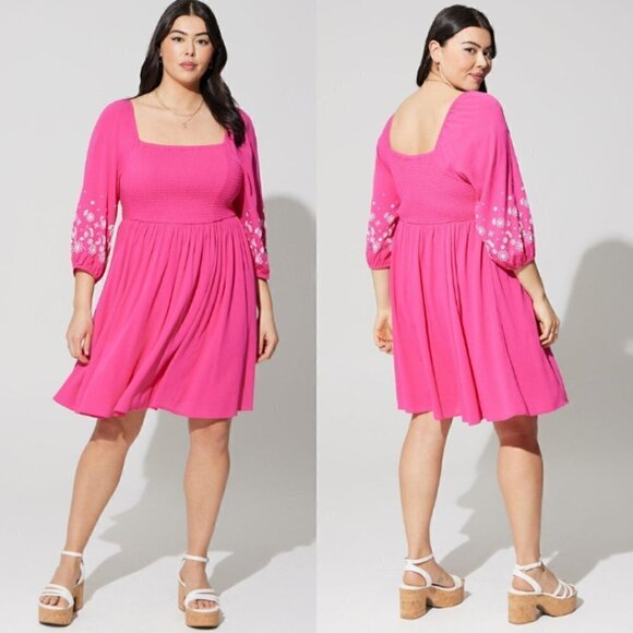 torrid Dresses & Skirts - Torrid Mini Crinkle Gauze Blouson Sleeve Dress In Cabaret Pink